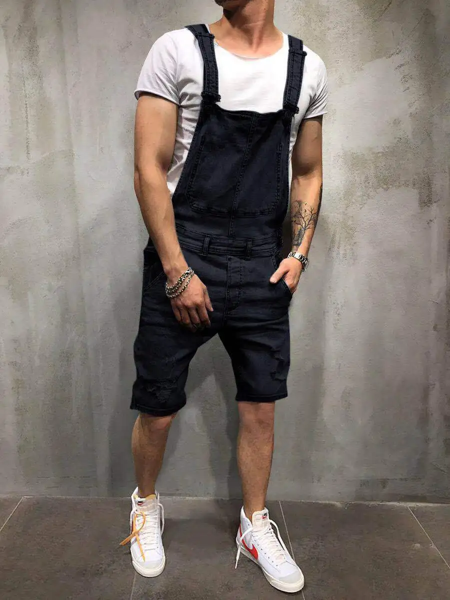 

Mens Ripped Short Jumpsuits Slim Fit Straight Shorts Retro Elastic Suspender Pants Joggers Pockets Overalls Denim for Men Black