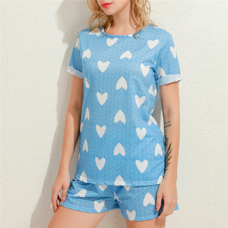 Women Summer Two Pieces Set Casual Heart Printed O Neck Short Sleeves Tops Elastic Waist Shorts Fashion Female Clothing Suit |