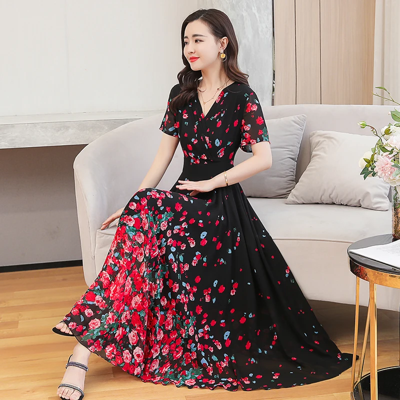 Женское шифоновое платье с цветочным принтом длинное пляжное во французском