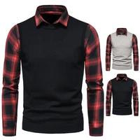 2020 new fashion casual mens lapel black and red check shirt fake two piece pullover slim fitting long sleeved mens sweater