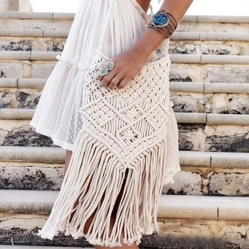 

Boho Style Shoulder Bag Women 2021 Handmade Rope Woven Crossbody Bags Knitted Rattan Summer Beach Bag Tassel Dropshipping