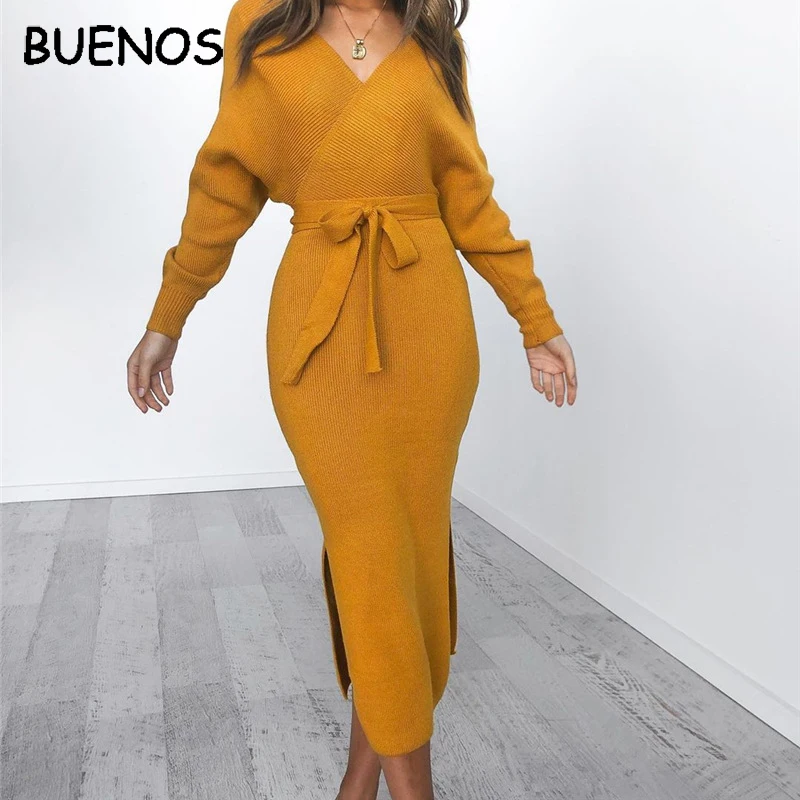 BUENOS 2019 autumn winter new women's sexy V-neck sweater dress female loose long bat sleeves solid knitting midi | Женская одежда