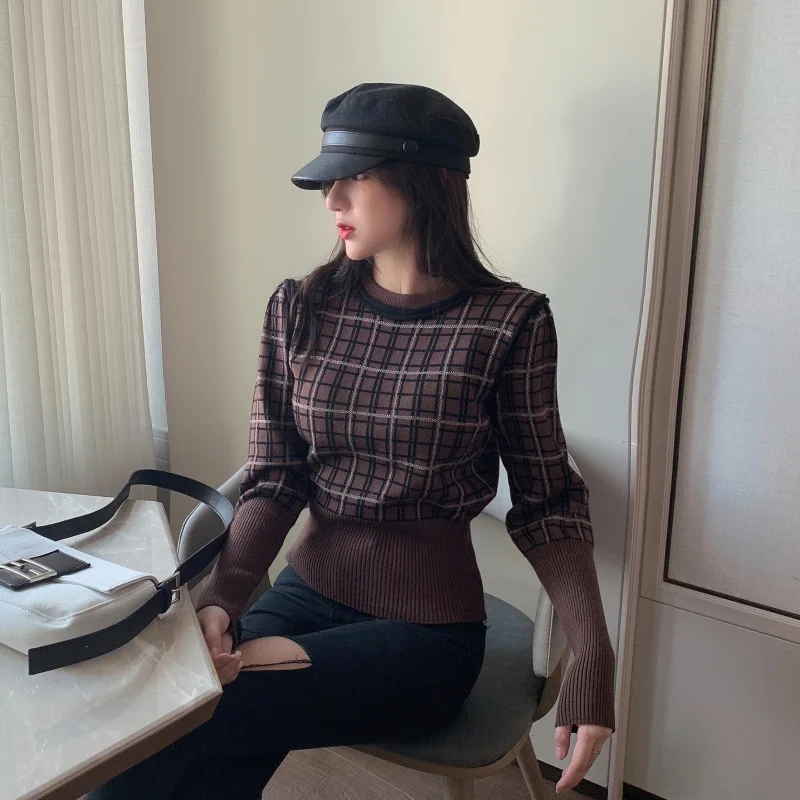 

Осень-зима 2020, Новые короткие женские пуловеры, винтажные клетчатые свитера, корейские уличные офисные женские свитера