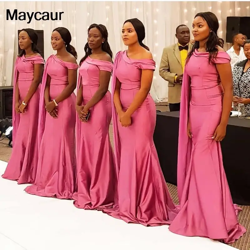 Long Bridesmaid Dresses 2021 With Shawl Elegant Satin Mermaid Wedding Party Dress vestidos African Prom Formal Gown Custom Made | Свадьбы и