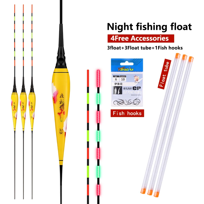 

3PCS Electric Fishing Floats+3 Float Tubes+1 Bag Hooks Night Luminous Buoy Lake River Nano Boya Fishing Tools Tackle Accessories