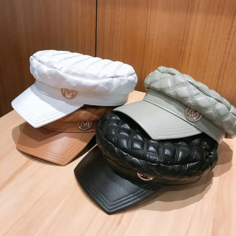 

202008-YY pu faux leather fashion lattice Superior quality lady service cap women visors hat
