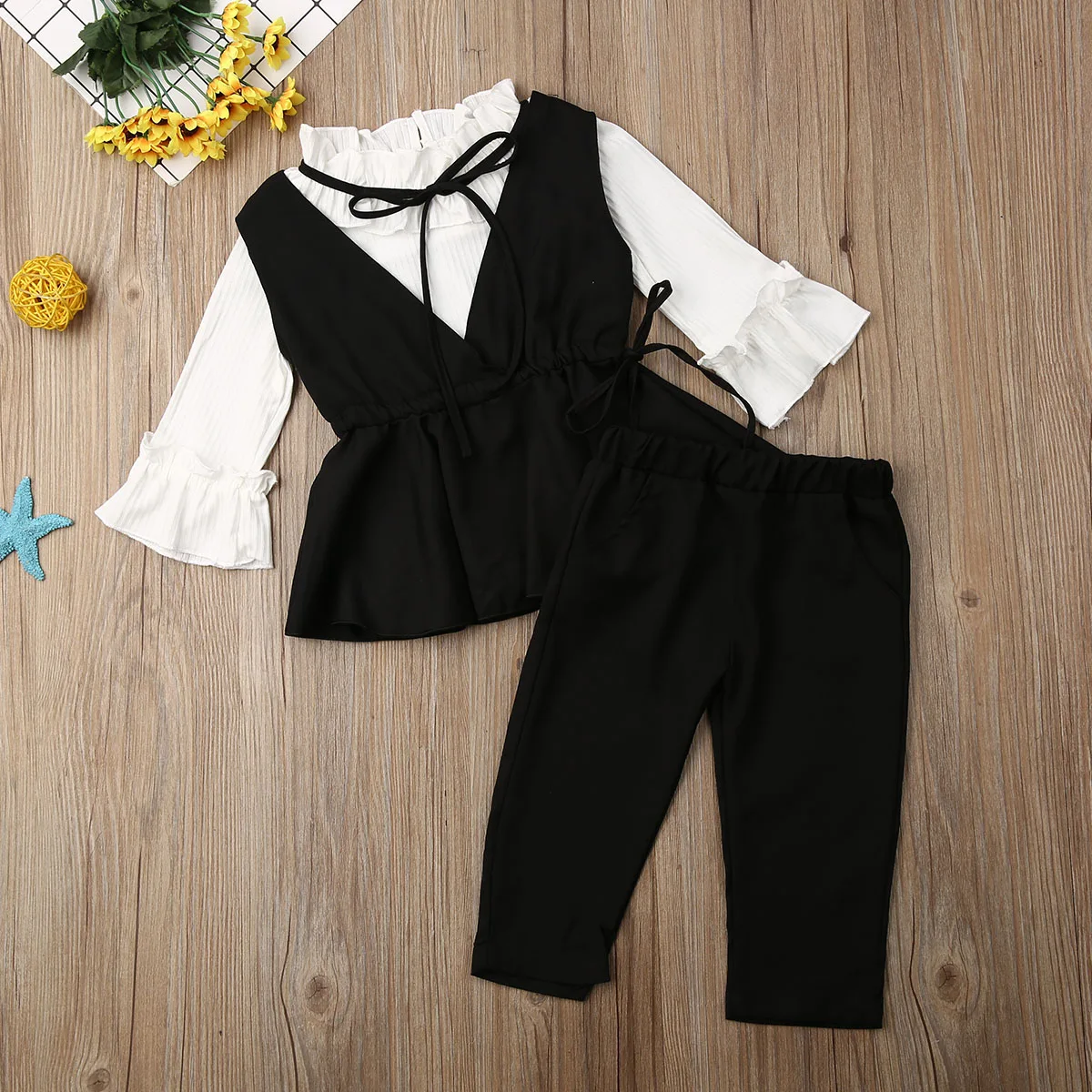 

Pudcoco Toddler Baby Girl Clothes Solid Color Flare Long Sleeve Tops Sleeveless Ruffle Vest Long Pants 3Pcs Outfits Clothes
