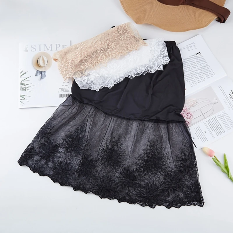 

2021 Fashion Women Solid Color Elastic Waist Layered Tiered Sheer Lace Trim Extender A-Line Half Slip Mini Skirt