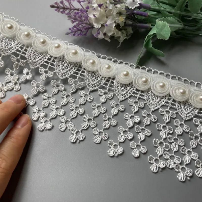 

2 Yard 8cm White Sequin Ribbon Plum Flowers Pearl Lace Trimmings Ribbons Beaded Lace Fabric Embroidered Sewing Wedding Dress New