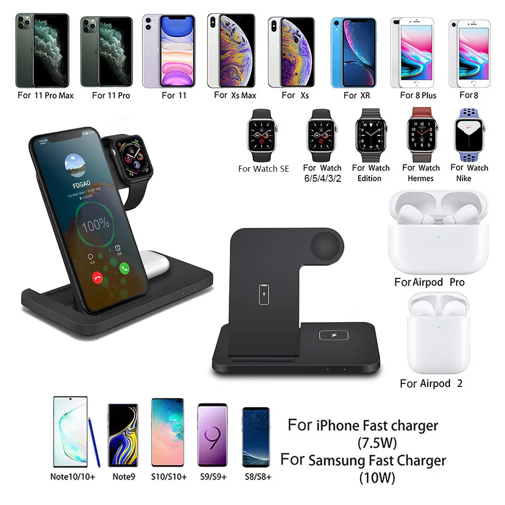 fdgao 15w qi wireless charger stand fast charging dock station for iphone 13 12 11 xs xr 8 apple watch 7 6 5 4 airpods pro 3 free global shipping