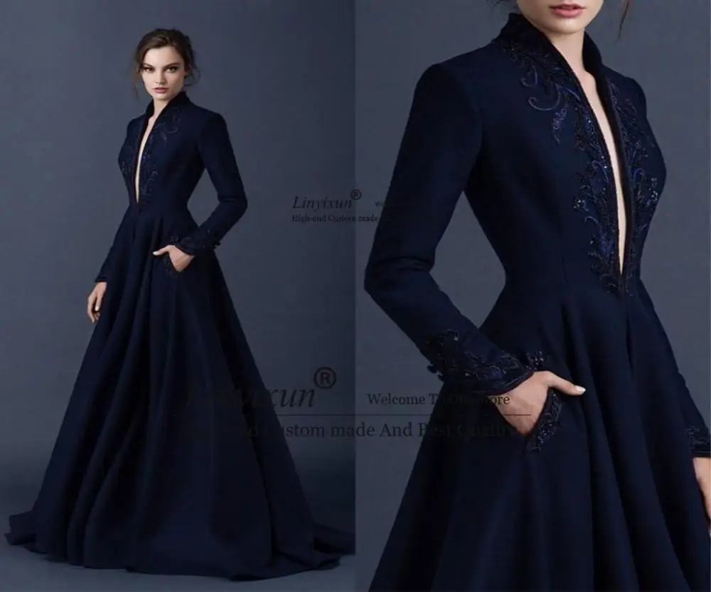 

Navy Blue Satin Evening Dresses Embroidery Paolo Sebastian Dresses Custom Made Beaded Ball Gown Plunging V Neck Prom Gowns