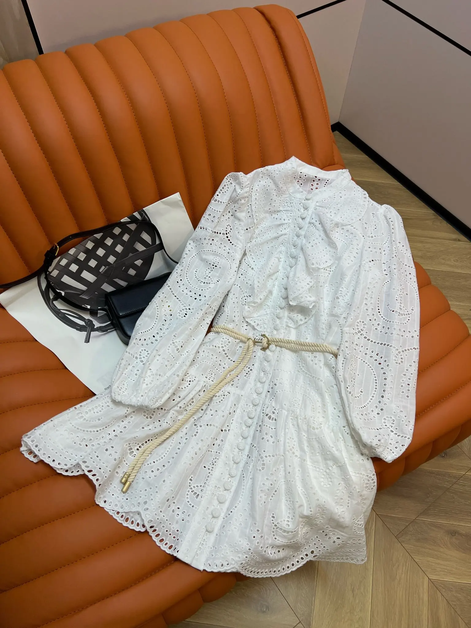 

2022 Spring New High Quality Embroidery Puff Lantern Sleeve Ruffle Hollow Out Vintage Sweet Sashes A-Line Mini Dress Beach Skirt