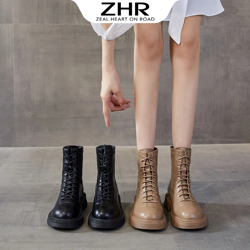

ZHR Women's Winter Shoes Korean Style Concise Martin Boots Motorcycle Boots Stretch PU Leather Ankle Boots Designer Shoes