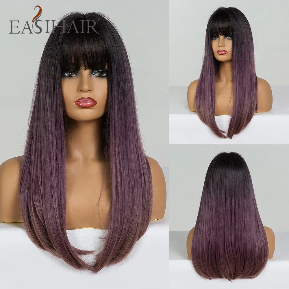EASIHAIR длинные прямые черные и фиолетовые Ombre волосы парики с челкой синтетические