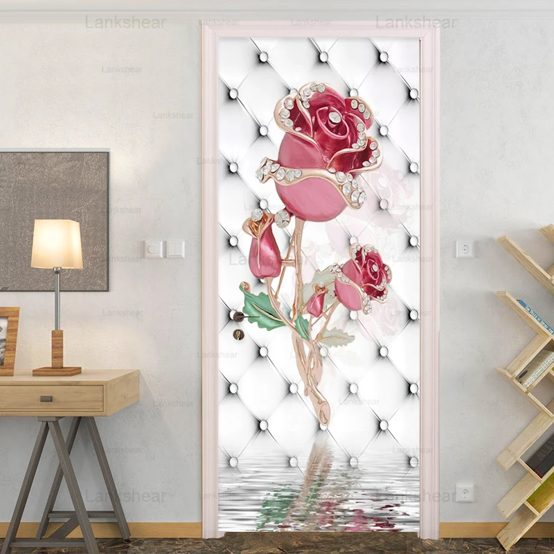 

Pvc Self-Adhesive Waterproof Door Sticker 3D Pink Rose Flowers Soft Roll Jewelry Mural Wallpaper Living Room Home Poster Sticker