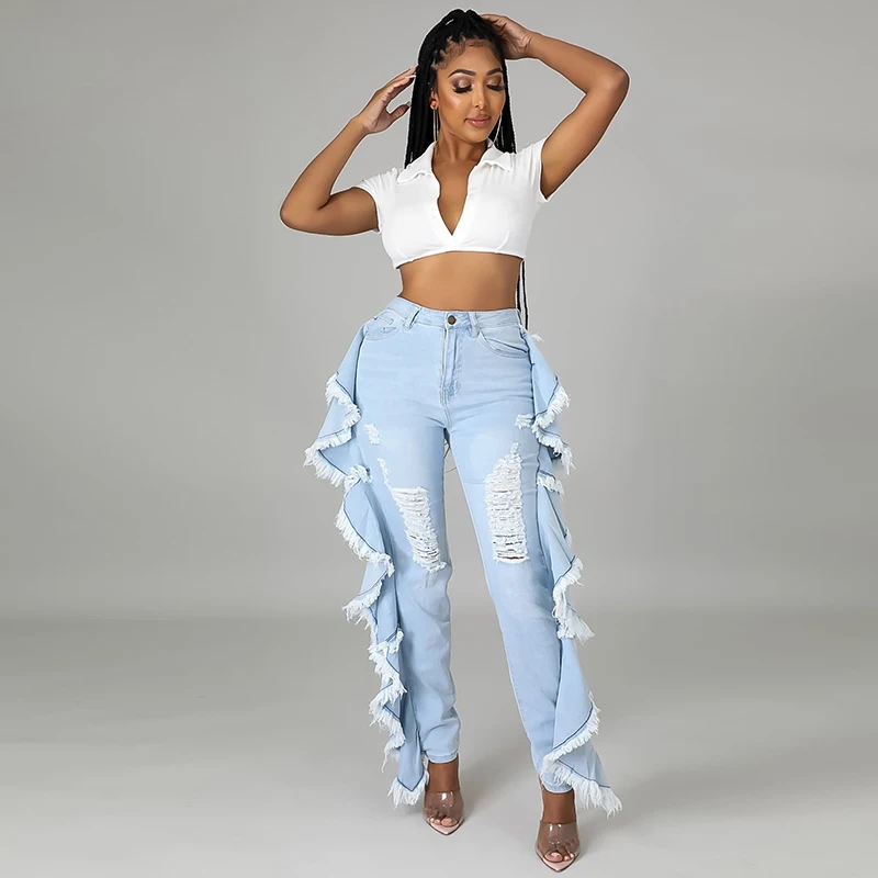 

Sexy Layer Ruffles Hole Jeans Woman Pants High Waist Zipper Fly Clubwear Trousers Women Streetwear Denim Pants Femme Pantalon