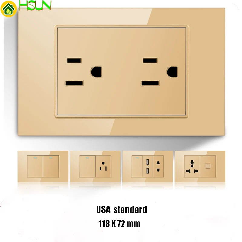 

Mexico American Brazil Thailand Italy standard USB gold tempered glass switch socket 118 type wall socket panel dimming 16A