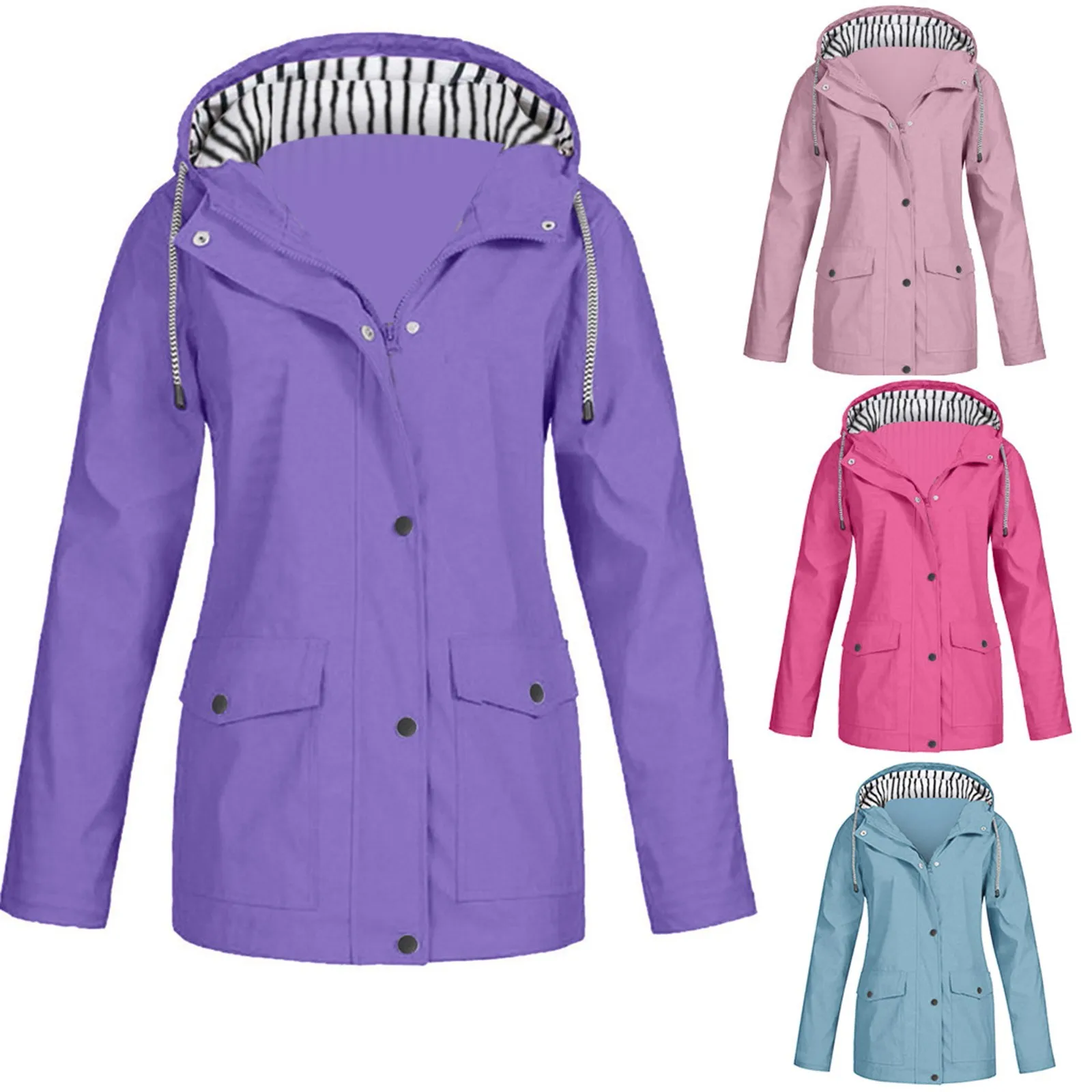 

Ветрозащитная Женская однотонная уличная водонепроницаемая куртка дождевик большого размера женское пальто с капюшоном