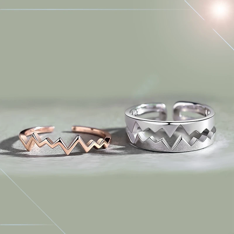 

2pc Splicing Two In One Ring Fashion Temperament Heartbeat Electrogram Open Index Finger Ring New Trendy Woman Man Jewelry Gift
