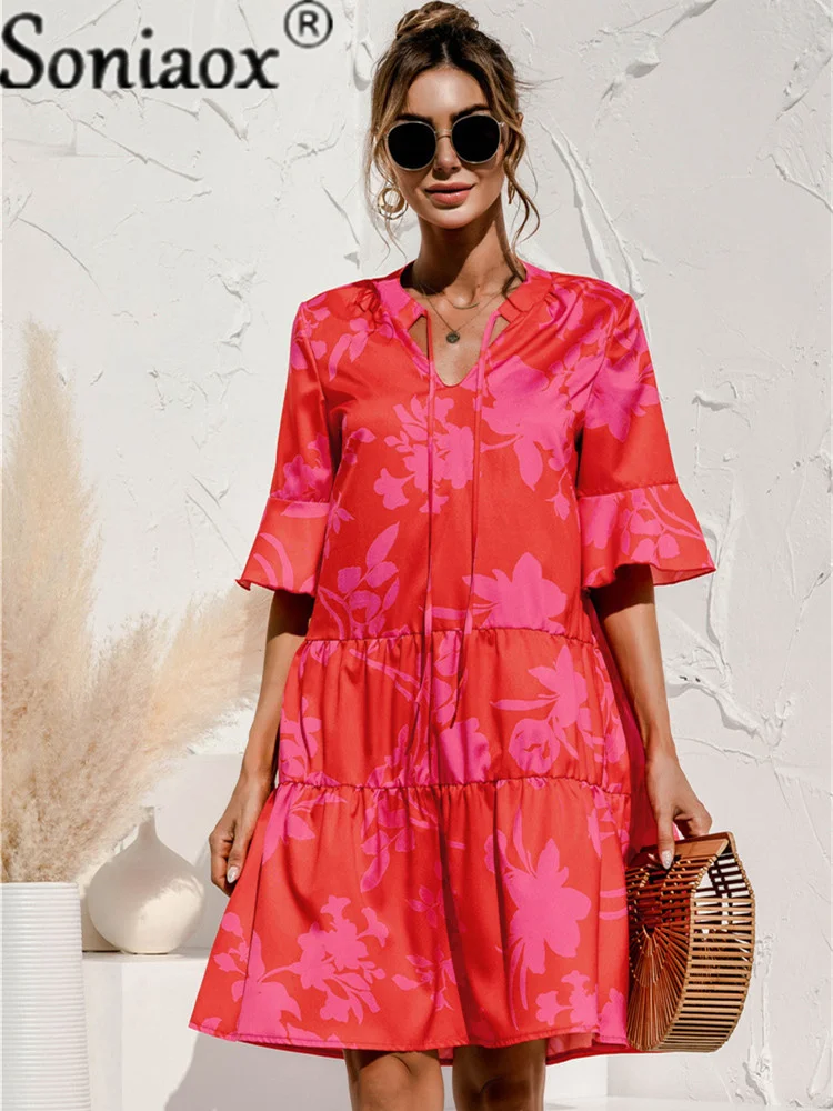 

2021 Summer Boho Ruffle Dress Women Robe Femme Flower Print Stitching Lotus Sleeve Casual Loose Ladies Dresses Vestido De Mujer
