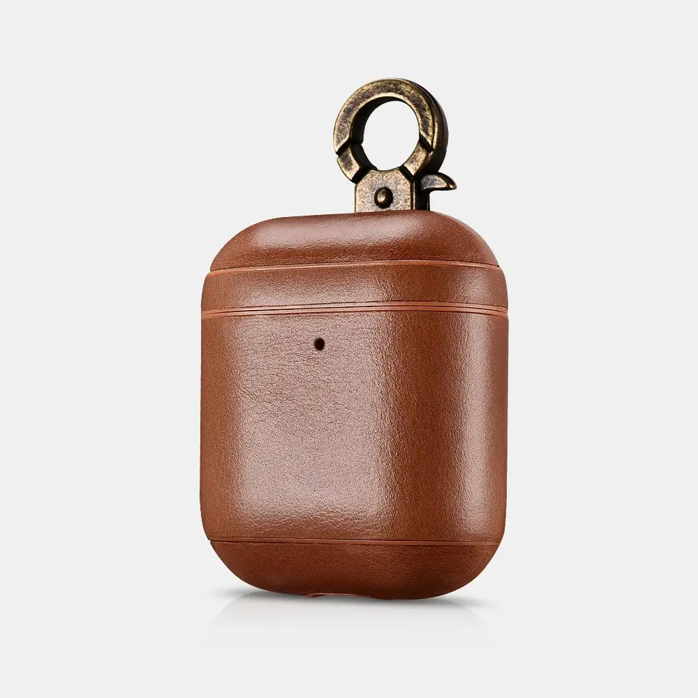 

ICARER for Apple AirPods Vintage Real Leather Protective Case Bag for iPhone Earphone Cover w/ LED Indicator Hole w/ Metal Hook