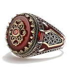 Роскошное турецкое кольцо ручной работы с короной из натурального красного камня в стиле ретро подходит для мужчин и женщин модное Трендовое банкетное ювелирное изделие в подарок
