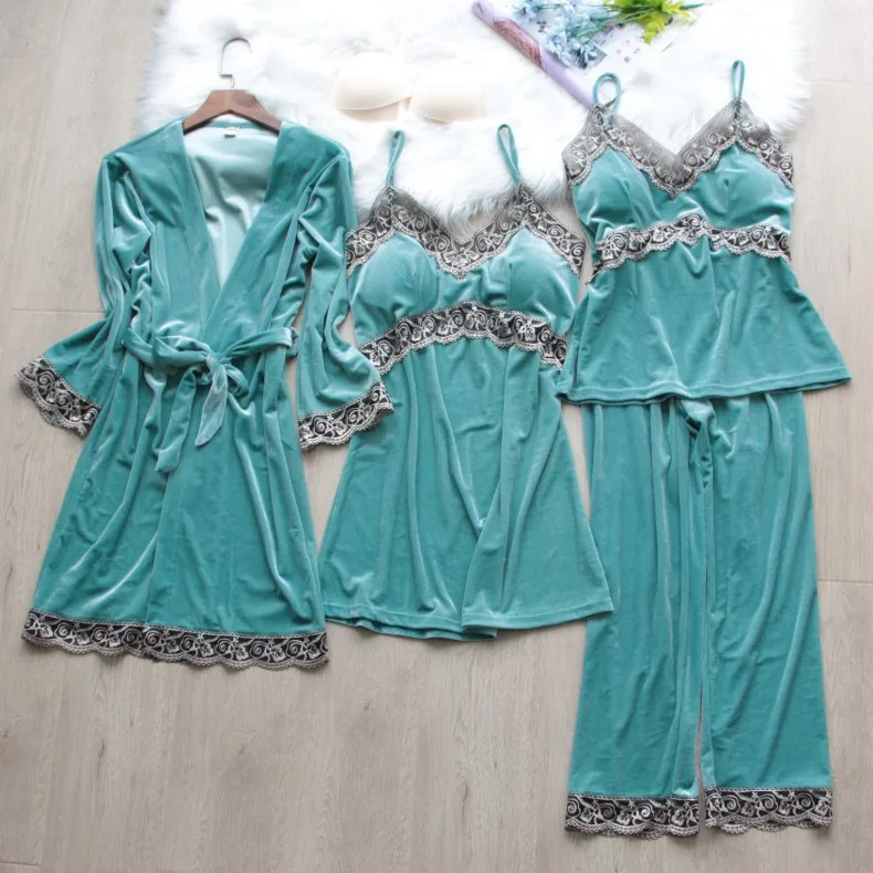 2022 New Spring Style Pajamas Women's Velvet 4Pcs Set with Breast Pad Sling Sexy Nightgown Home Clothes Lady Nightwear Sleepwear