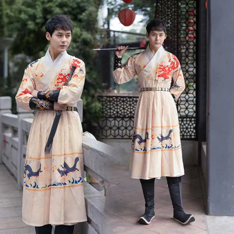 

Костюм для мужчин Hanfu, китайский традиционный ханьфу, костюм для косплея на Хэллоуин, бежевый, наряд для мужчин размера плюс 3XL