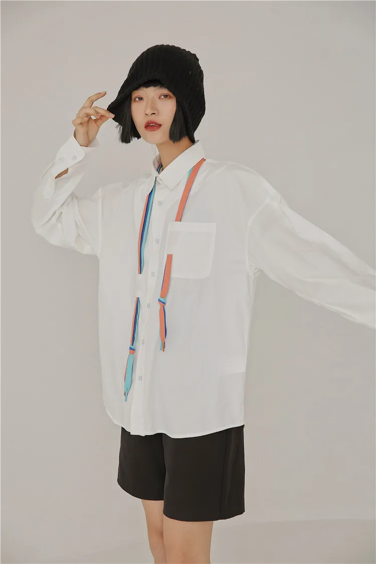 

White Braided Strap Designer Shirt For Women Long Sleeve Button Up Collar Shirt Loose Autumn Fashion Tops Clothing S105
