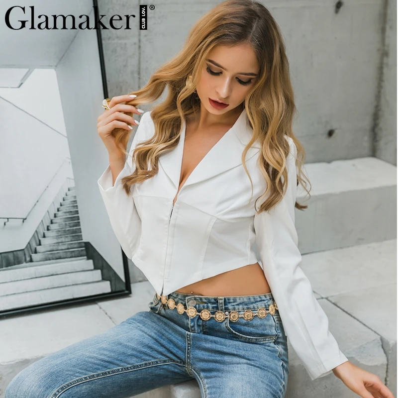 Glamaker сексуальный офисный Белый Тонкий Блейзер с v-образным вырезом, осенняя Элегантная короткая женская куртка, осенняя укороченная куртка, пальто, Блейзер, женская верхняя одежда