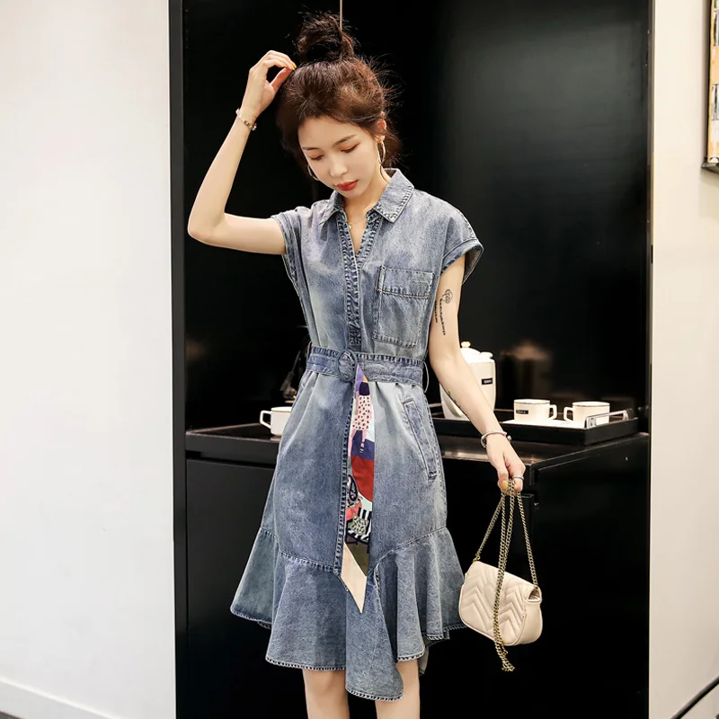 

2021 spring and summer new denim skirt waist lapel commuter solid color irregular skirt dress women