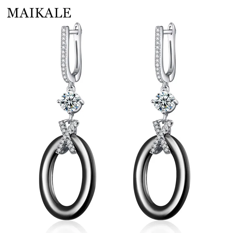 silver black MAIKALE, новые модные керамические висячие серьги, круглая форма х, медь AAA, фианит, черное белое золото; серебро; Сережки для женщин - Окраска металла: silver black