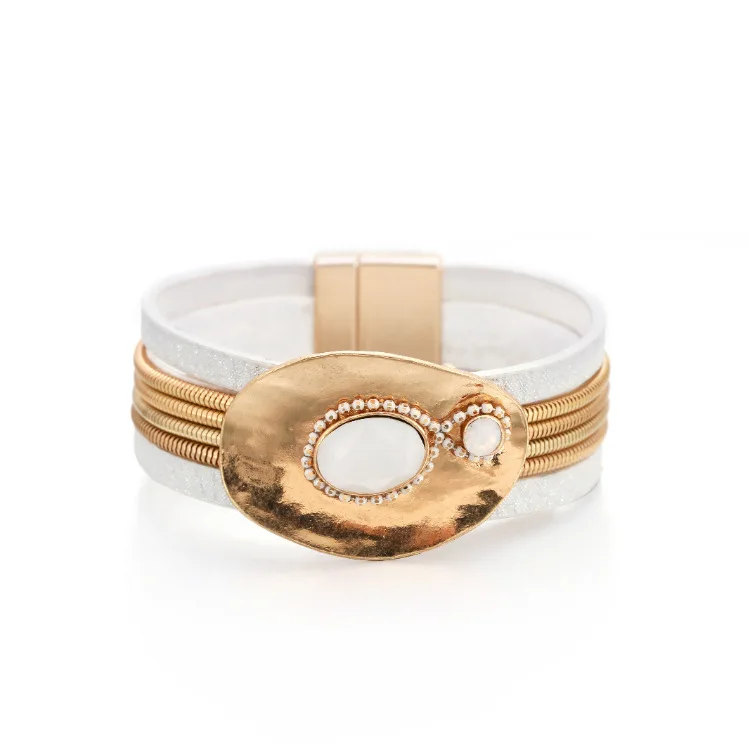 

ORNAPEADIA 2021 New Fashion Light Luxury Jewelry Retro Copper Piece Inlaid White Crystal Ethnic Wind Magnetic Leather Bracelet