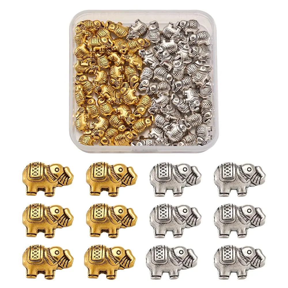 

60pcs Tibetan Style Alloy Beads Elephant Charms Spacer Loose Bead Antique Golden Silver Color for DIY Bracelet Jewelry Making