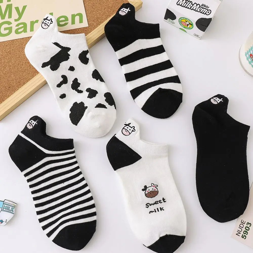 

Black And White Cartoon Cow Embroidery Animal Apparel Accessories Socks Women Women's Clothing Boat Socks Socks