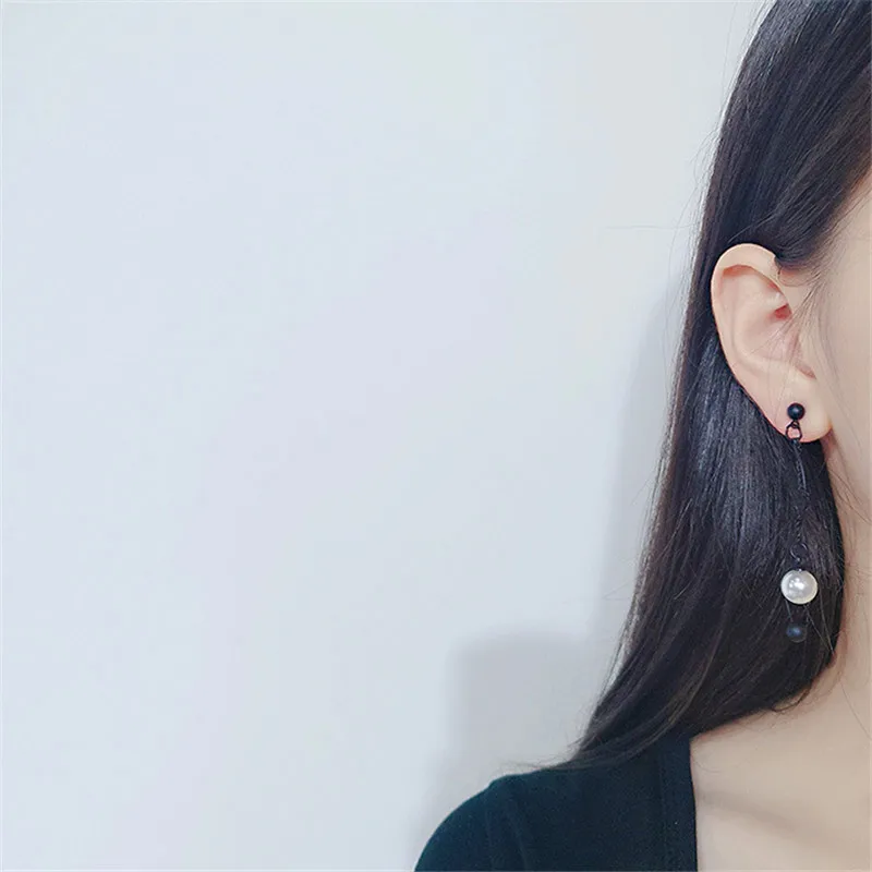 Новинка Корейская версия черные серьги с длинной кисточкой элегантные жемчугом