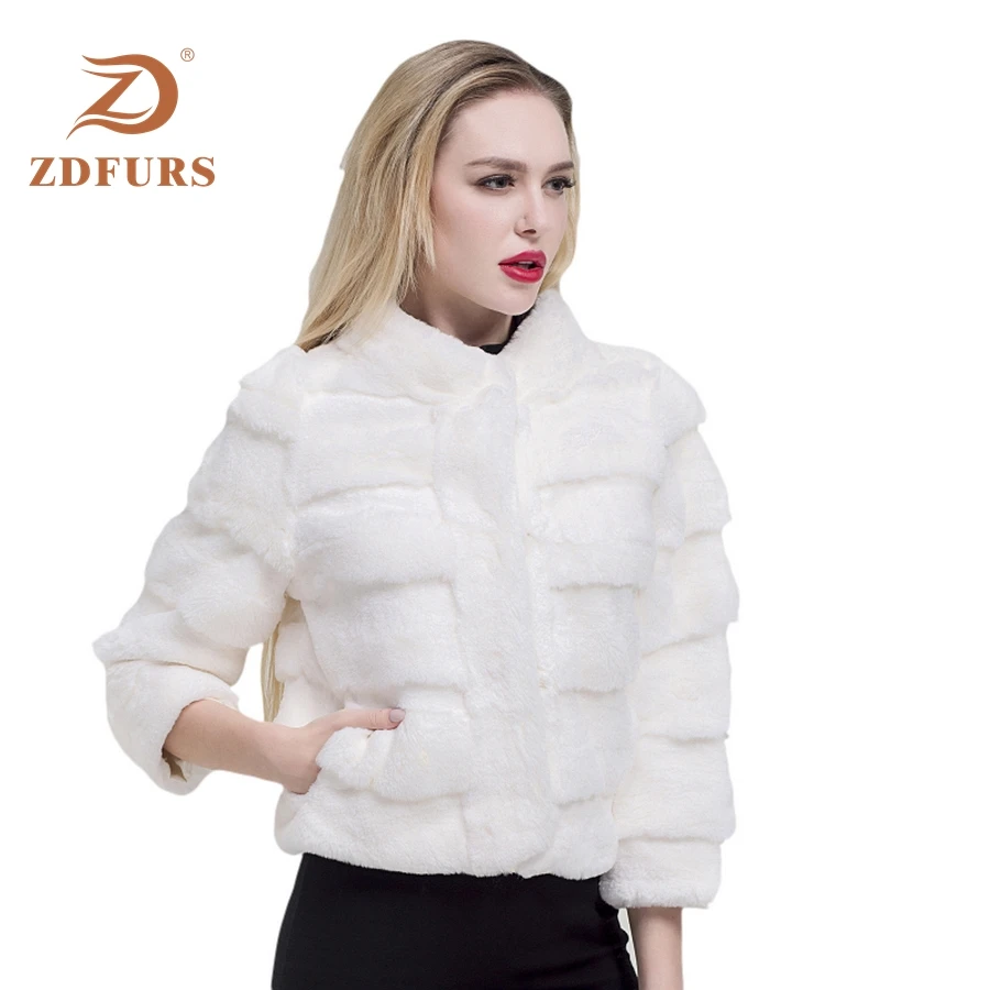 ZDFURS* 2019 New Mandarin Collar Short Jacket 100% Full Pelt Genuine Real Rex Rabbit Fur Coat Stripe Line Natural  waistcoat