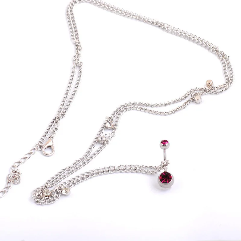 Rhinestone Crystal Bar Waist Chain Stainless Steel Pendant Piercing Belly Barbell Navel Ring With 2 Colors |