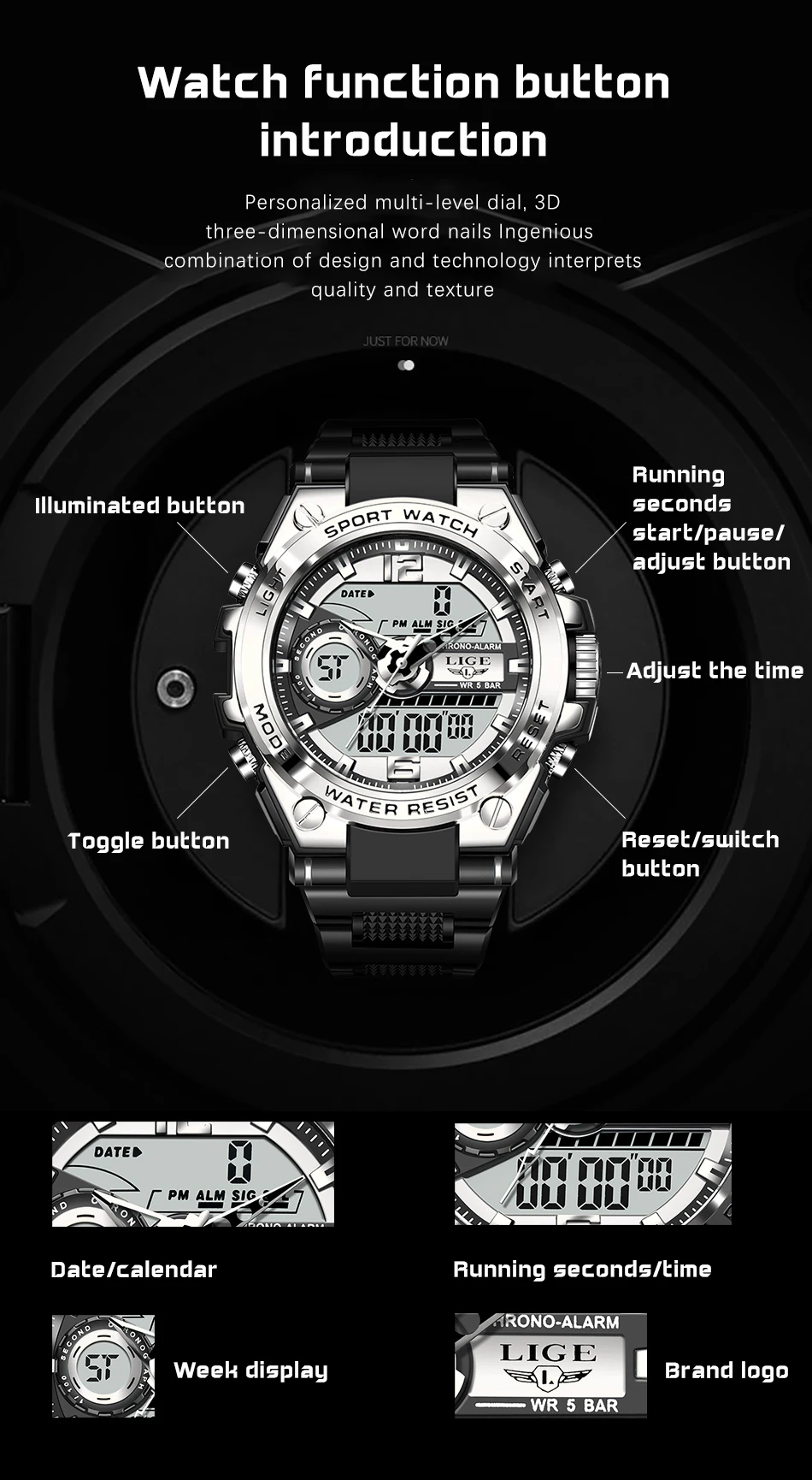 2022 LIGE Sport Men Quartz Digital Watch Creative Diving Watches Men Waterproof Alarm Watch Dual Display Clock Relogio Masculino