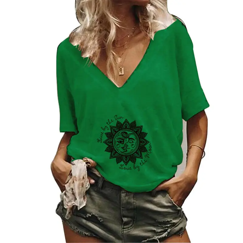 

Green Top Womens V Neck t Shirt Summer Short Sleeve T-Shirt Ladies Printed Casual Tee Tops Women Clothes