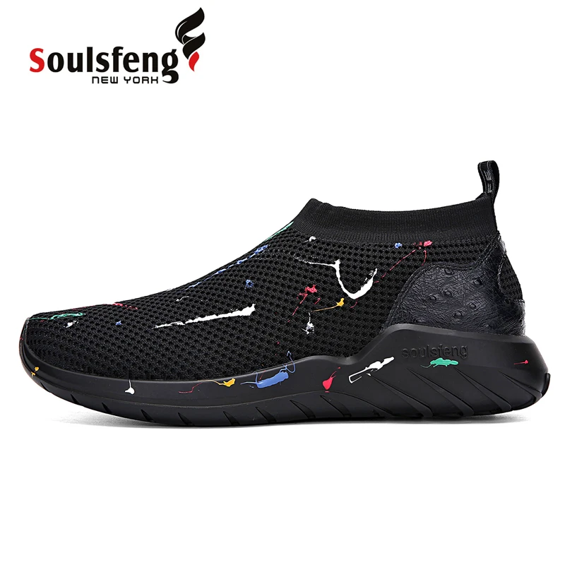 Soulsfeng Summer Knitted Sneakers For Men Size 13 Shock-absorbing Non-slip Running Shoes For Women Lazy Slip-on Socks Shoes