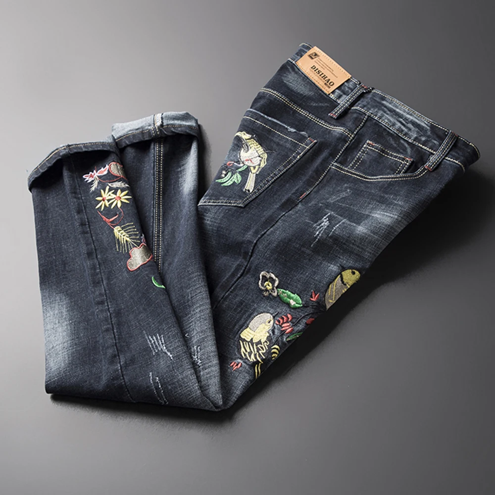 

Realistic Embroidery Bird and Flower Pattern Men's Small Foot Mouth Slim Waist Elastic Denim Trousers