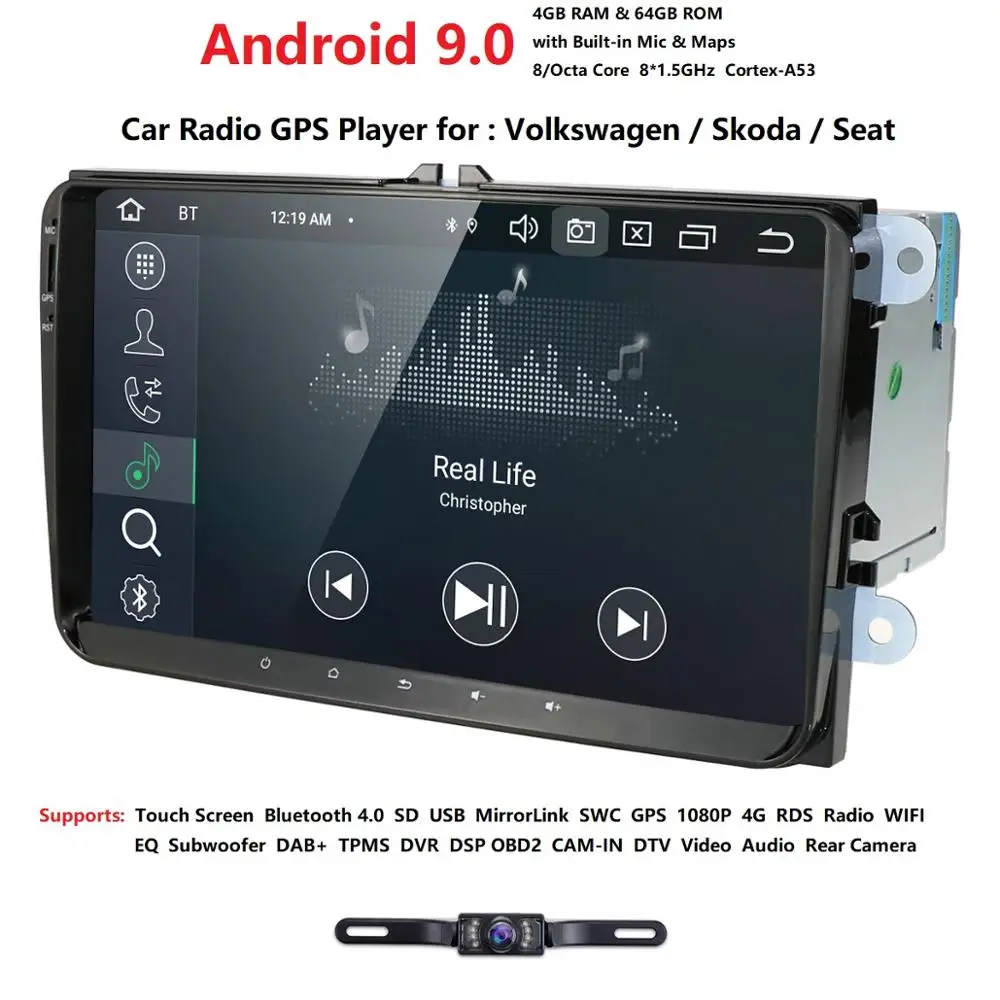 Android 9,0 8-ядерный 9 дюймов 2 din 4G+ 64G gps Автомобильный Радио плеер forvw passat golf 4 5 tiguan polo skoda fabia CC JettaDAB wifi