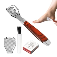 wooden handle stainless steel foot skin shaver corn cuticle cutter remover rasp pedicure file callus care tool 10 blades 1 brush