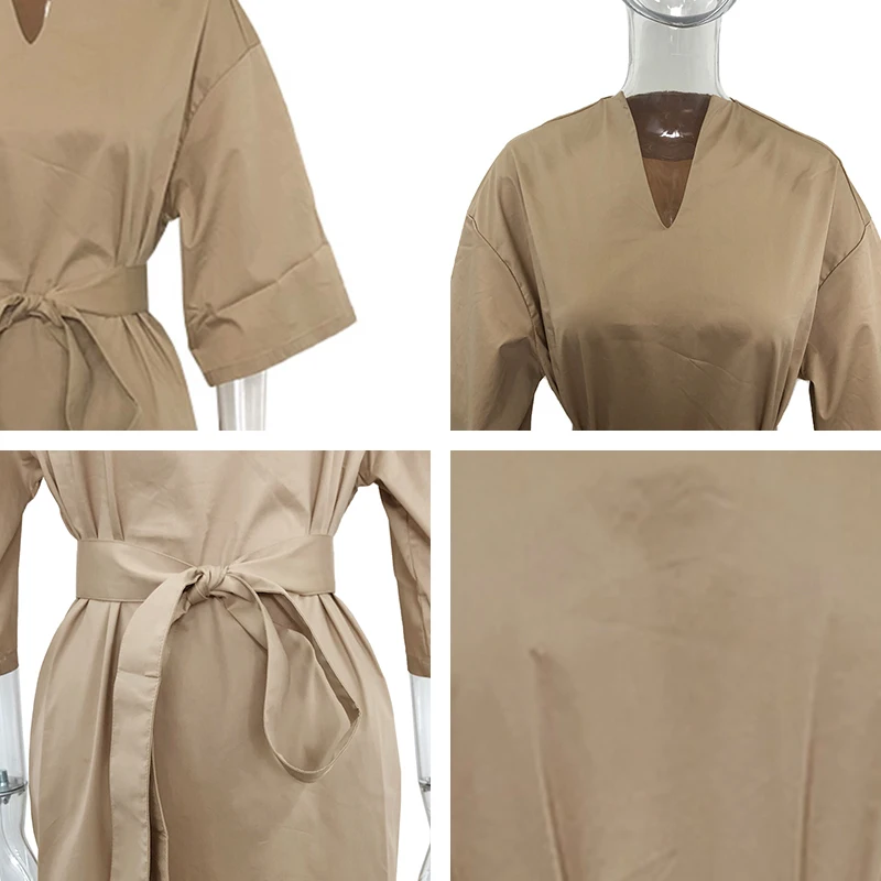 

CP Casual V Neck Tie Belt Dresses Women Fashion Solid Dress Women Elegant Half Sleeve A Line Midi Dresses Female Ladie