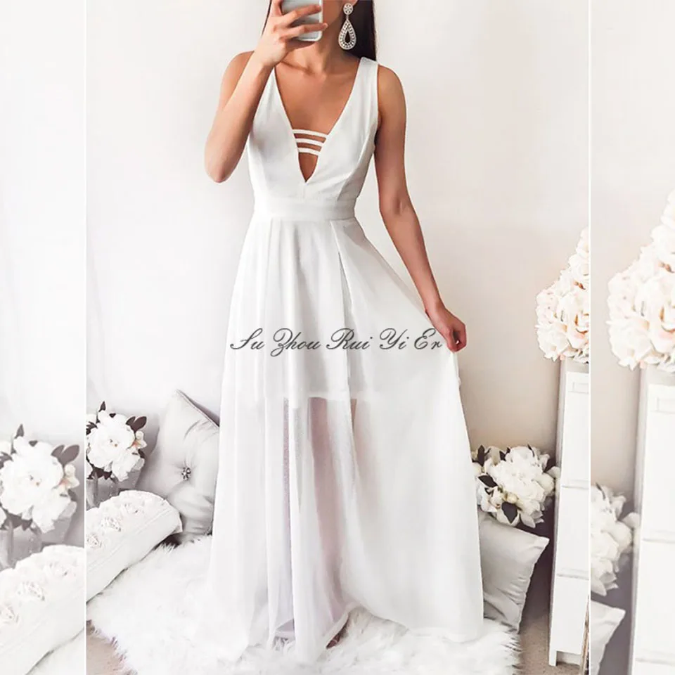 

V-neck White Prom Dresses 2022 Long Chiffon Formal Dresses with Illusion A Line Skirt Floor Length robe de soirée femme