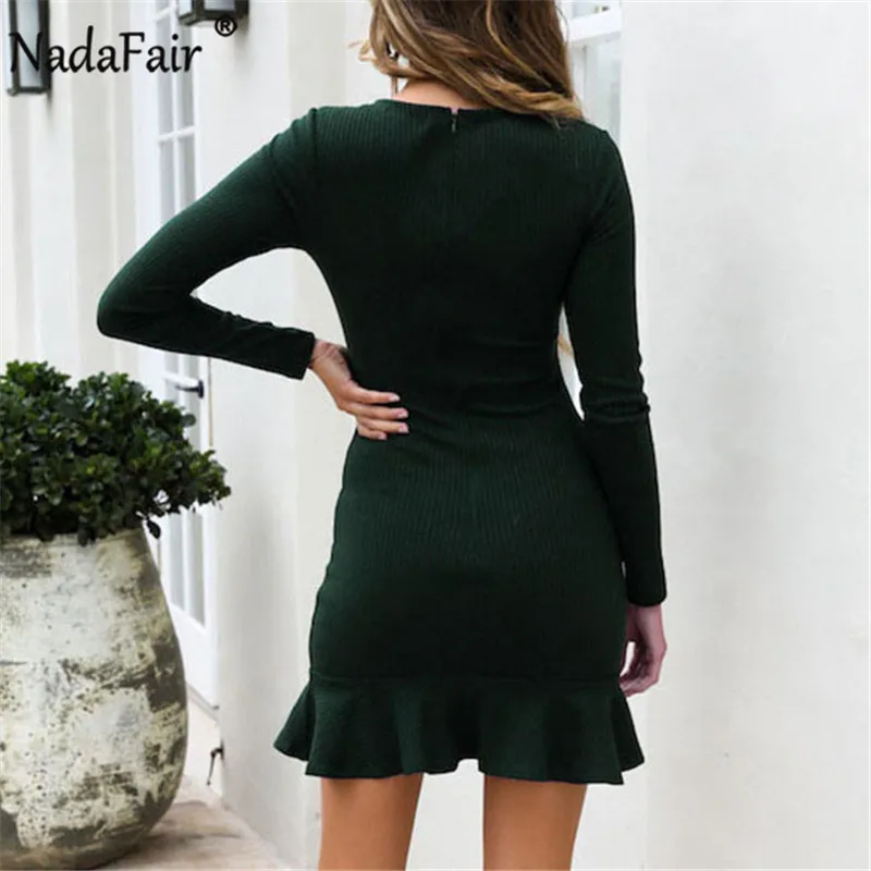 Женское платье с длинным рукавом оборками и круглым вырезом|Женские платья| |