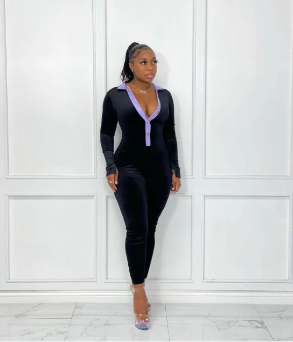 

PLSW Jumpsuits Velvet Button Design Basic V-neck Catsuit Women Black Streetwear Jumpsuit
