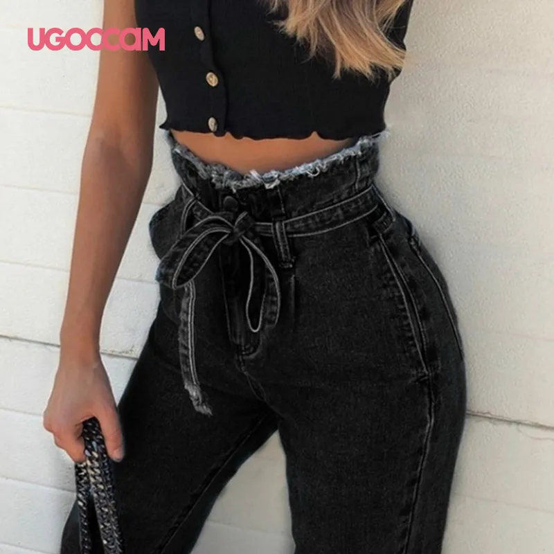 

UGOCCAM Jeans Washed Preppy Style High Wasit Ankle-Length Pants Lace Up Sweet Jeans for Women Cargo Pants Casual Woman Jeans