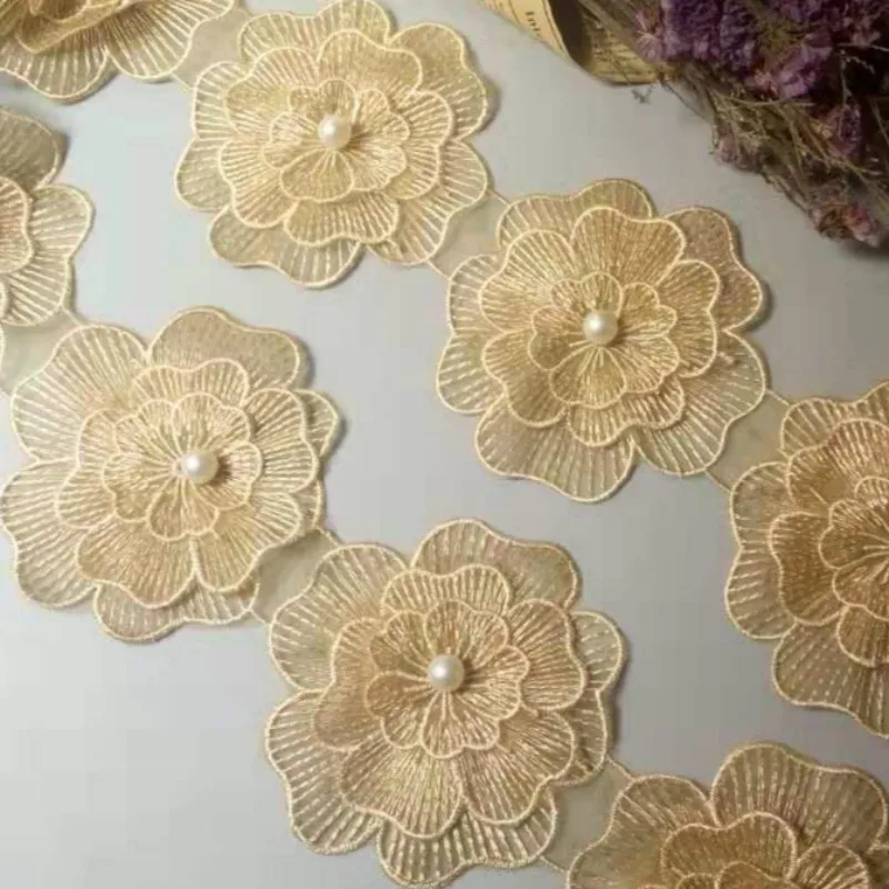 2 ярда золото 10 см жемчуг цветок растворимый Свадебная кружевная отделка Вязание